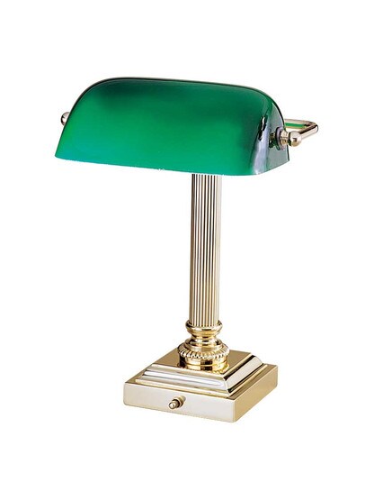 Emeralite 13 1/4 inch Bankers Desk Lamp with Green Glass Shade in Polished Brass.